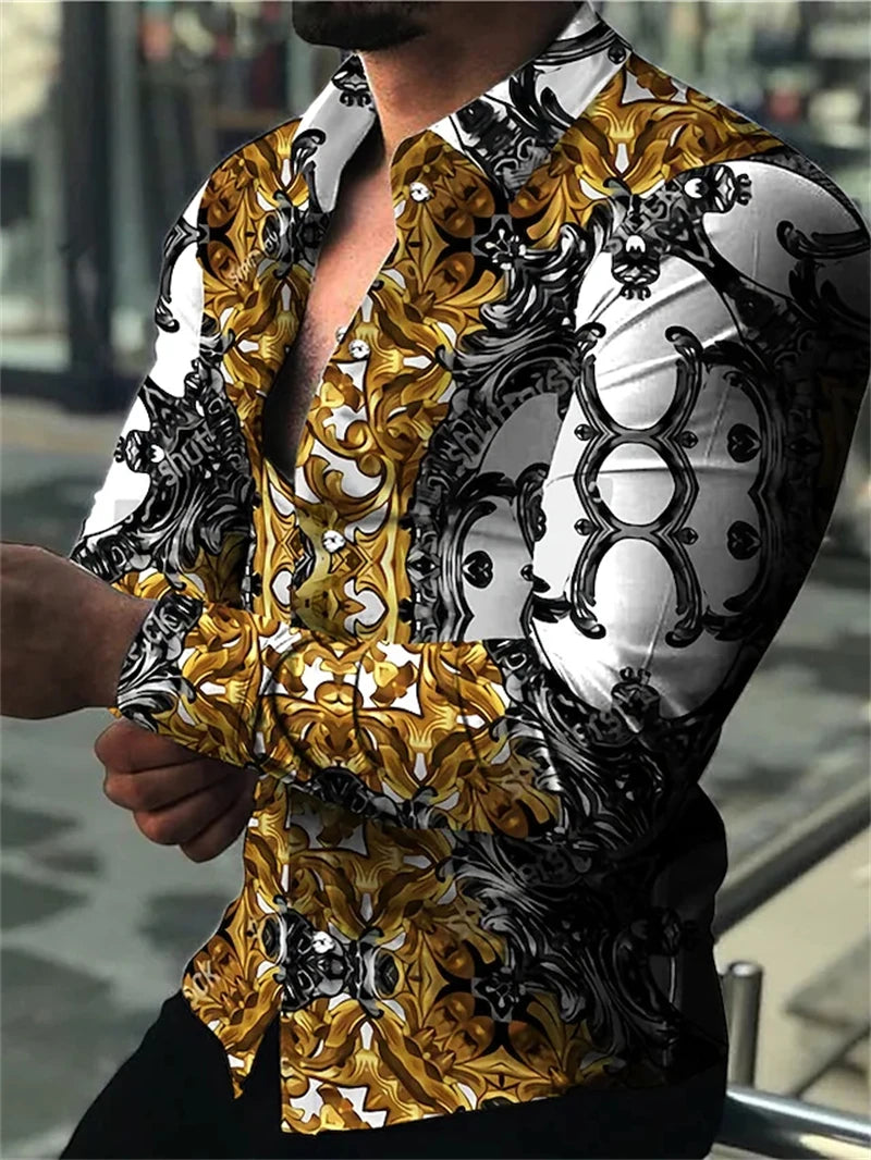 Luxury Floral Print Long Sleeve Shirt for Men – Casual Party Style, Button-Up Turn-Down Collar