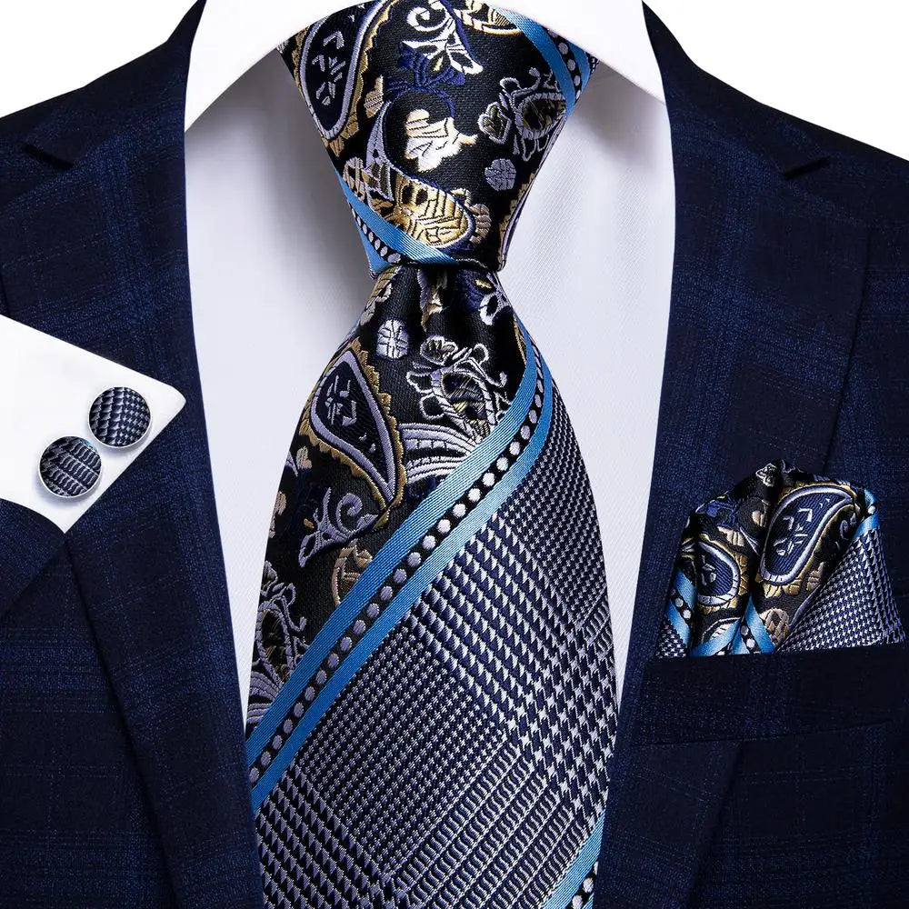 Navy Blue Striped Silk Tie Set for Men – Necktie, Pocket Square & Cufflinks – Formal Business & Wedding Gift Set