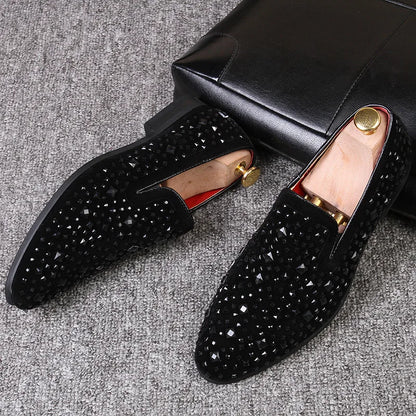 Men’s Genuine Luxury Stone  Leather Rhinestone Loafers – Slip-On Dress Shoes for Wedding, Party & Clubwear