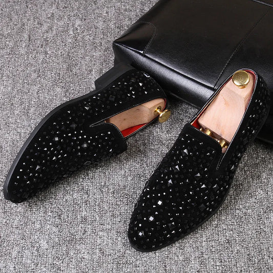 Men’s Genuine Luxury Stone  Leather Rhinestone Loafers – Slip-On Dress Shoes for Wedding, Party & Clubwear