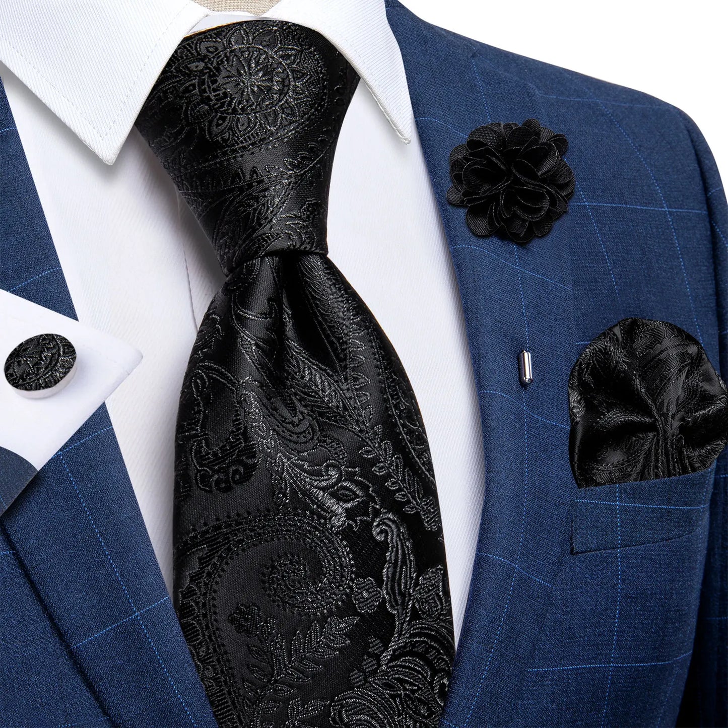 Blue & Silver Paisley Silk Tie Set – 8cm Necktie + Pocket Square + Cufflinks + Brooch – Elegant Men’s Gift for Weddings & Holidays