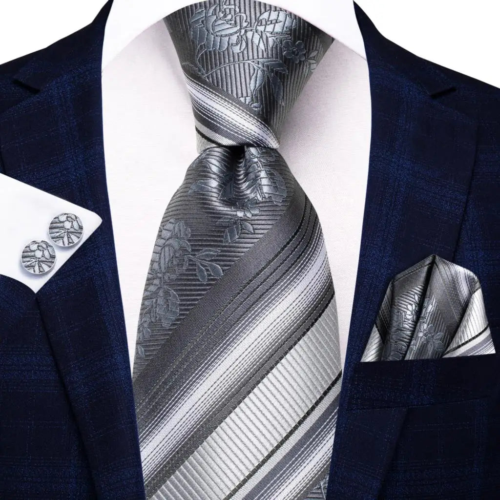 White & Grey Paisley Tie Set – Silk Necktie, Pocket Square & Cufflinks for Men – Formal Wedding & Business Accessory
