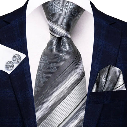 White & Grey Paisley Tie Set – Silk Necktie, Pocket Square & Cufflinks for Men – Formal Wedding & Business Accessory