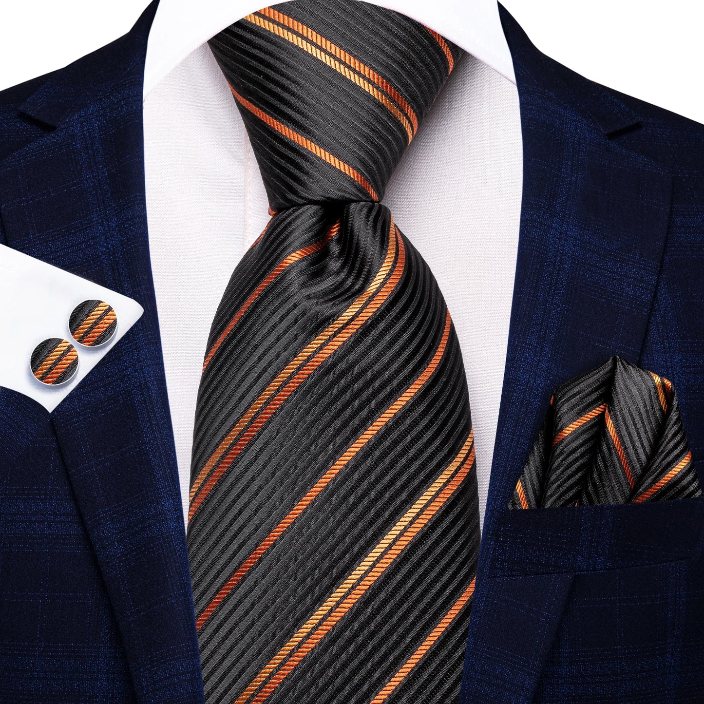 Navy Blue Striped Silk Tie Set for Men – Necktie, Pocket Square & Cufflinks – Formal Business & Wedding Gift Set