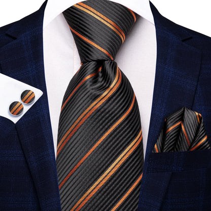 Navy Blue Striped Silk Tie Set for Men – Necktie, Pocket Square & Cufflinks – Formal Business & Wedding Gift Set