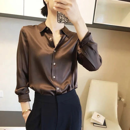 Elegant Satin Button-Down Blouse – Women’s Long Sleeve French Solid Shirt for Work & Evenings