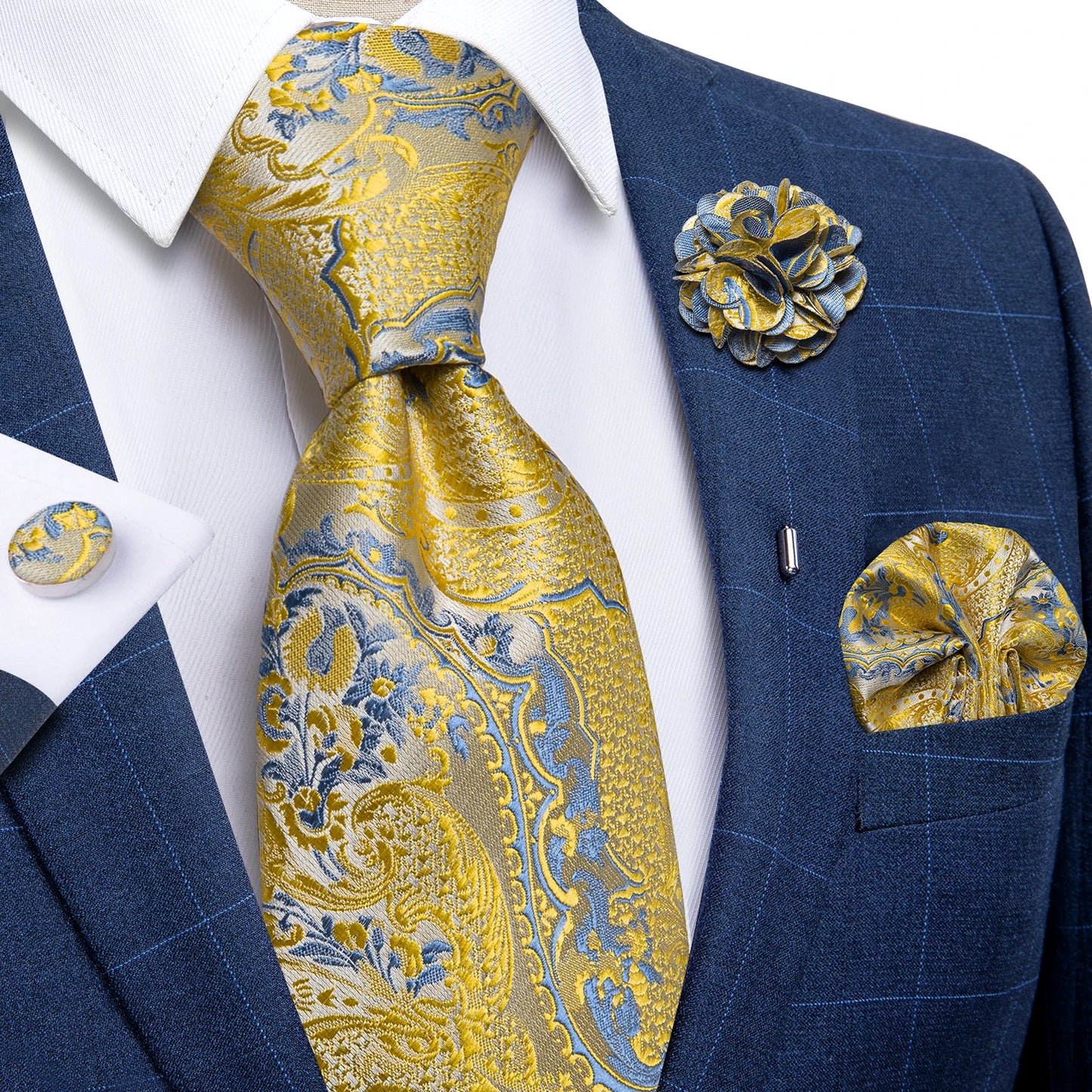 Blue & Silver Paisley Silk Tie Set – 8cm Necktie + Pocket Square + Cufflinks + Brooch – Elegant Men’s Gift for Weddings & Holidays