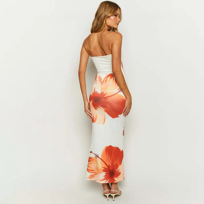 Women's Off-Shoulder Floral Maxi Dress – Strapless Slim Fit Vacation Beachwear