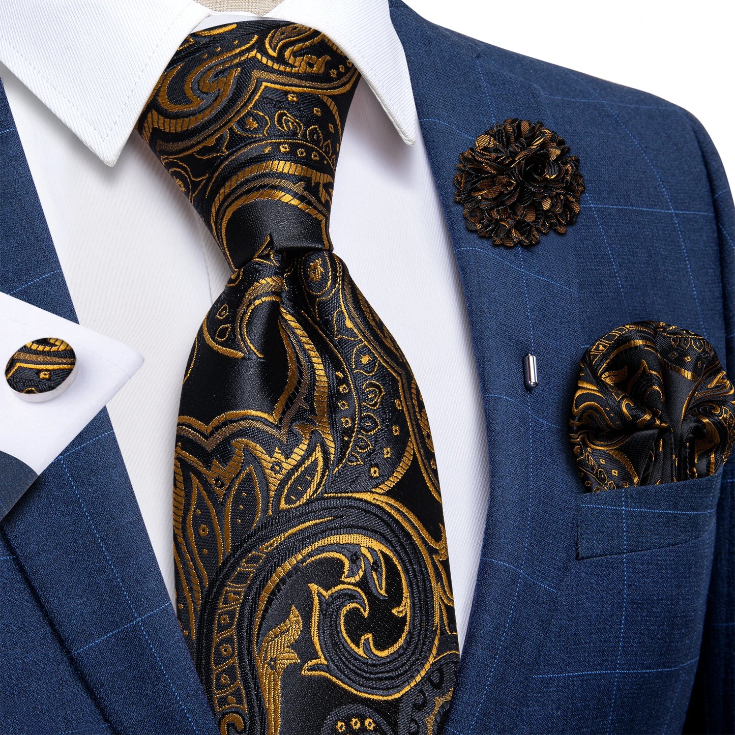 Blue & Silver Paisley Silk Tie Set – 8cm Necktie + Pocket Square + Cufflinks + Brooch – Elegant Men’s Gift for Weddings & Holidays