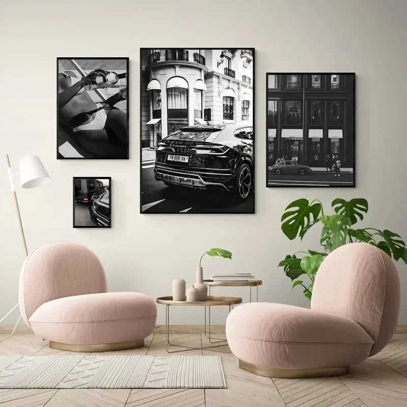 Black Colour Cool Trendy Fashion Sexy Women Wall Art Poster Dog and Luxury Car Decoration Bedroom Canvas Painting Wall Art