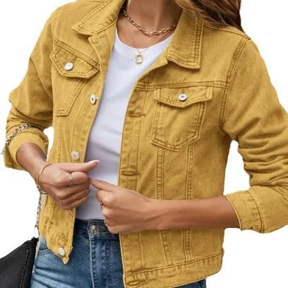 Women’s Short Denim Jacket – Trendy Lapel, Pocket Design, Single-Breasted Spring & Autumn Outwear