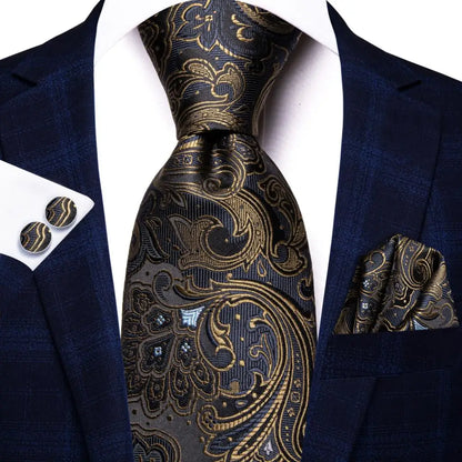 Navy Blue Striped Silk Tie Set for Men – Necktie, Pocket Square & Cufflinks – Formal Business & Wedding Gift Set