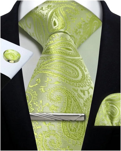 Men’s Classic Silver Paisley Tie Set – Silk Necktie, Pocket Square, Cufflinks & Tie Clip – Formal Wedding Party Gift Box