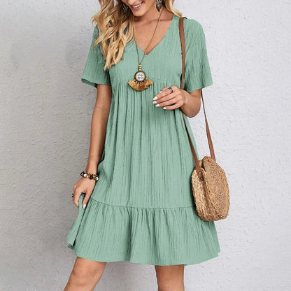 Loose V-Neck Pleated A-Line Dress – Elegant Beach Style, Short Sleeve, Solid Color, Comfortable Fit