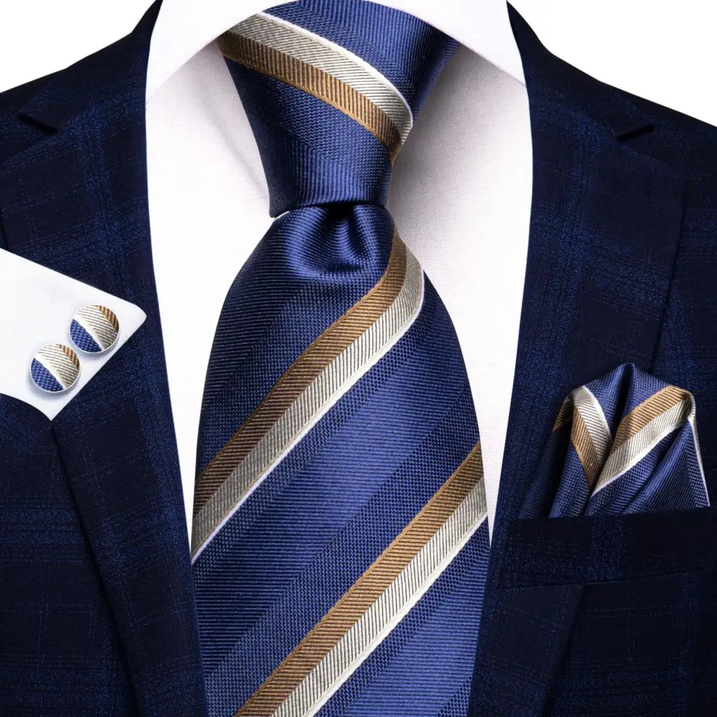 Navy Blue Striped Silk Tie Set for Men – Necktie, Pocket Square & Cufflinks – Formal Business & Wedding Gift Set