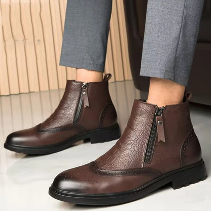 Genuine Leather Men’s Side-Zip Ankle Boots – Warm Plush Lined Winter Fashion