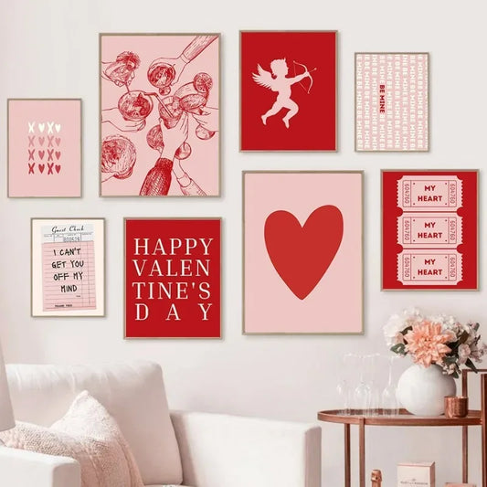 Valentine's Day Queue Gallery Printable Poster - Vintage Romantic Wall Art Cute Pink Heart Canvas Painting for Home Bedroom Decoration