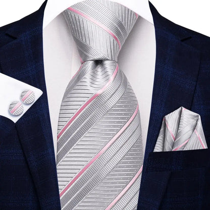 White & Grey Paisley Tie Set – Silk Necktie, Pocket Square & Cufflinks for Men – Formal Wedding & Business Accessory