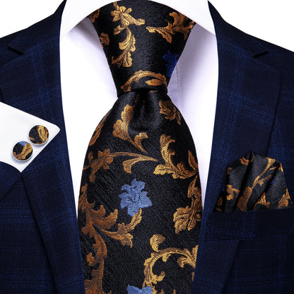 Burgundy Brown & Black Paisley Striped Silk Tie Set – Necktie + Pocket Square + Cufflinks – Formal Gift Set for Men