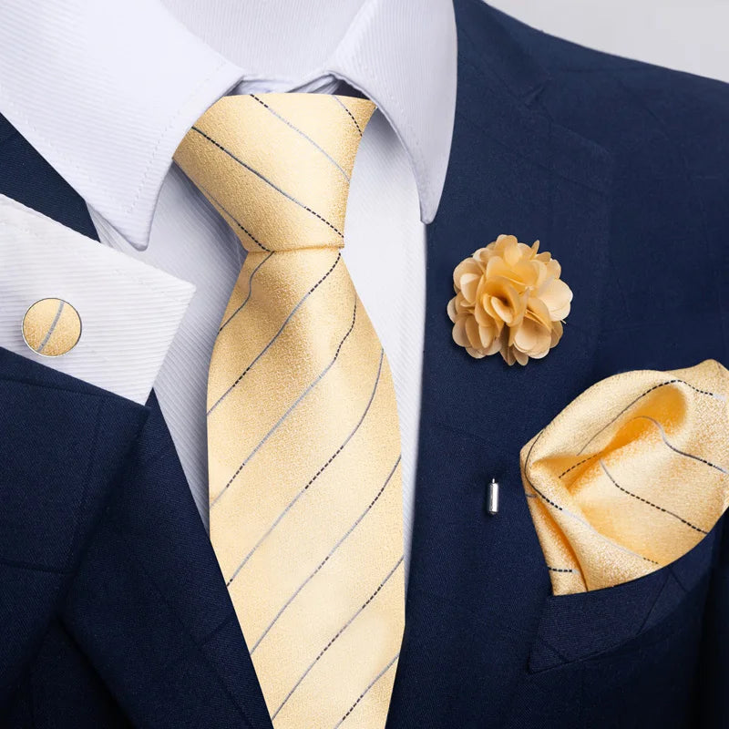 Luxury Men’s Floral Paisley Tie Set – Black & Gold Necktie with Matching Pocket Square, Cufflinks & Brooch | Elegant Wedding, Business, Dinner & Cocktail Look