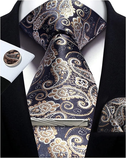 Men’s Classic Silver Paisley Tie Set – Silk Necktie, Pocket Square, Cufflinks & Tie Clip – Formal Wedding Party Gift Box