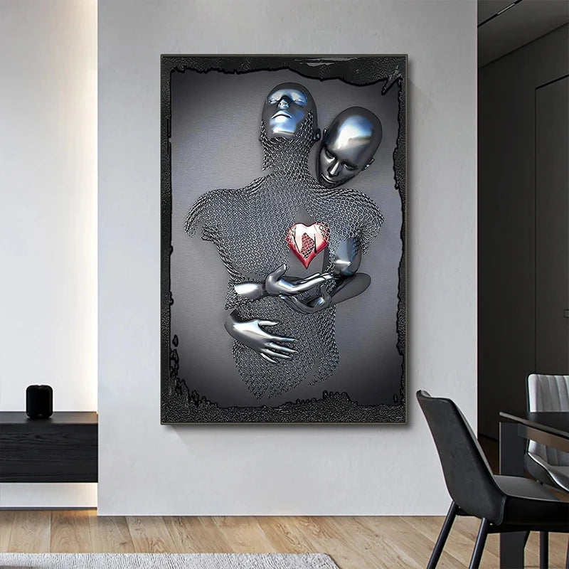 Metal Figure Statue Romantic Wall Art Abstract Canvas Painting Lovers Sculpture Posters Prints Pictures Living Room Home Decor