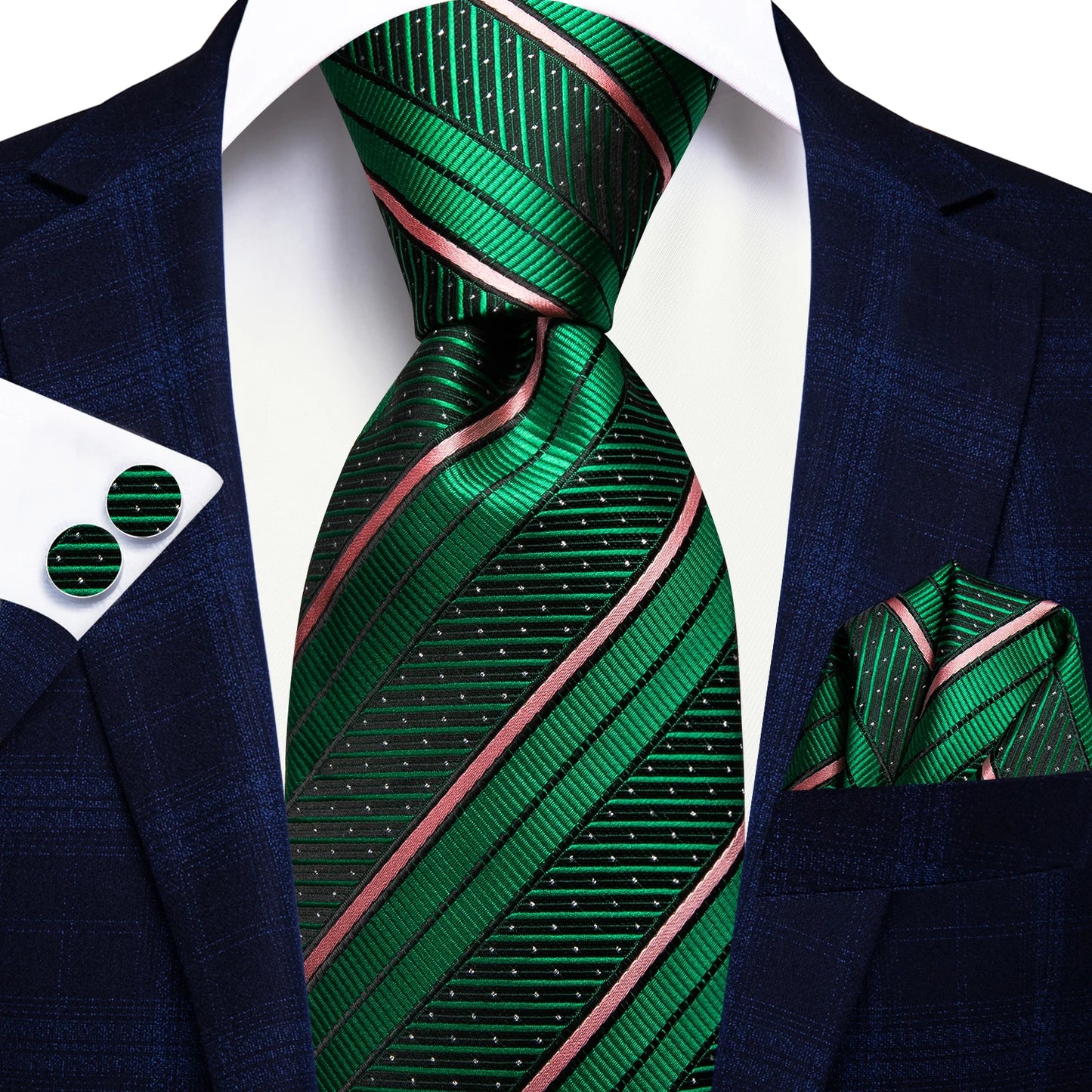 Navy Blue Striped Silk Tie Set for Men – Necktie, Pocket Square & Cufflinks – Formal Business & Wedding Gift Set