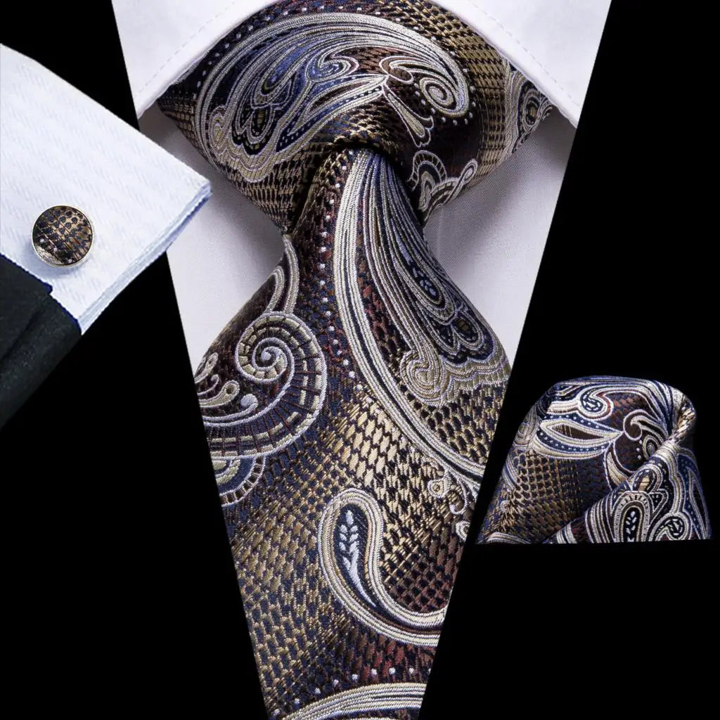 Paisley Men’s Silk Tie Set – Necktie, Pocket Square & Cufflinks – Elegant Gift for Weddings, Business & Parties