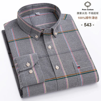 100% Cotton Oxford Long Sleeve Men's Plaid Dress Shirt – Regular Fit Formal Shirt with Pocket (S–7XL)