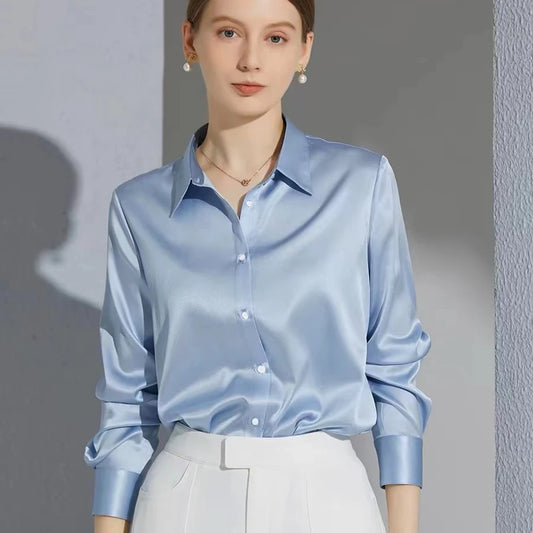 Elegant Satin Button-Down Blouse – Women’s Long Sleeve French Solid Shirt for Work & Evenings