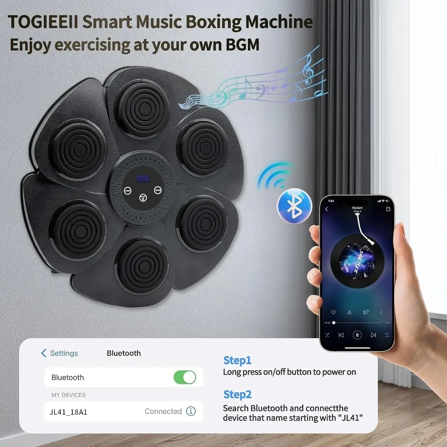 Music Boxing Machine – Smart Bluetooth Fitness Wall Target for Adults & Kids, Muay Thai Trainer with 9 Modes, Reaction & Coordination Trainer, Perfect Gift