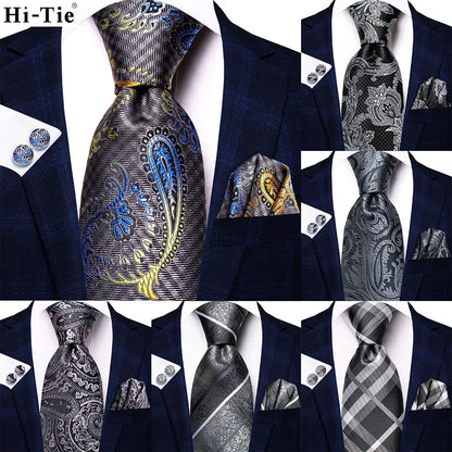 White & Grey Paisley Tie Set – Silk Necktie, Pocket Square & Cufflinks for Men – Formal Wedding & Business Accessory