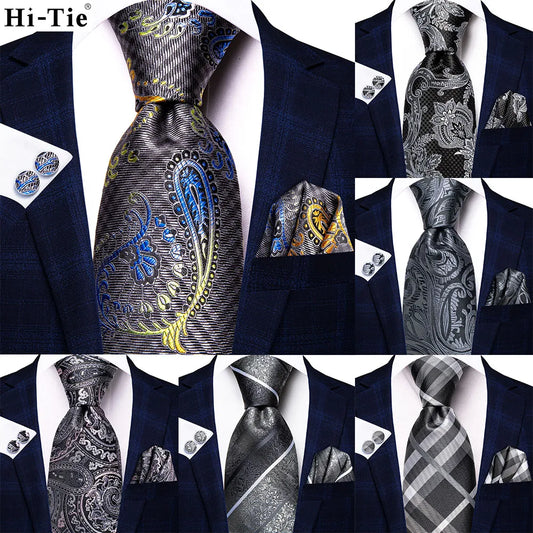 White & Grey Paisley Tie Set – Silk Necktie, Pocket Square & Cufflinks for Men – Formal Wedding & Business Accessory