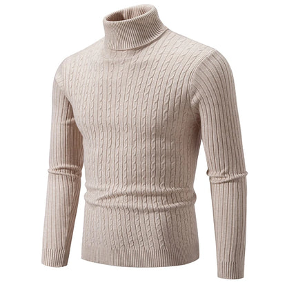 Men’s High Neck Knitted Sweater – Solid Color Warm Turtleneck Pullover for Winter