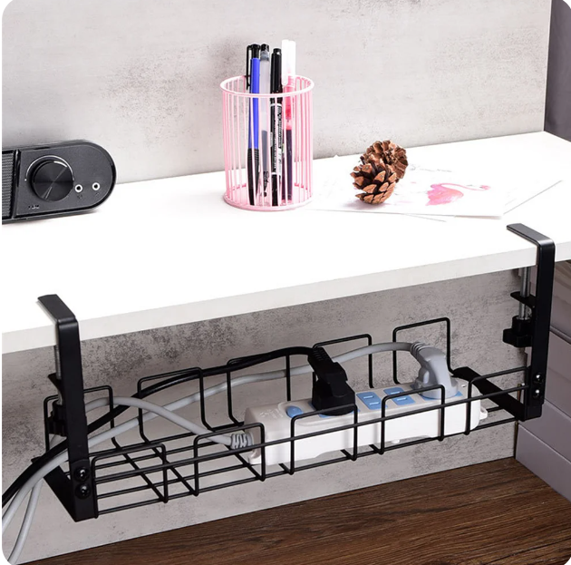 Sleek Under-Desk Organizer: Metal Cable Management Tray for Home, Office, & Kitchen - No Drilling Needed!