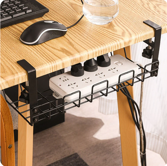 Sleek Under-Desk Organizer: Metal Cable Management Tray for Home, Office, & Kitchen - No Drilling Needed!