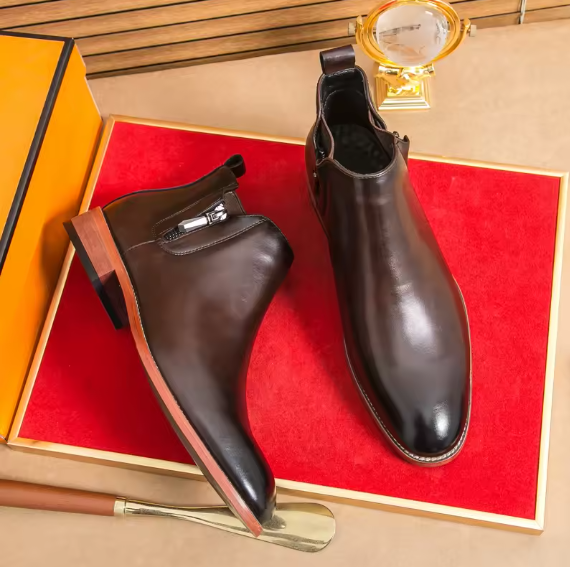 Men’s Leather Chelsea Boots – High-Top Zipper Ankle Boots | Slip-On Fashion Business Booties VEISNOO