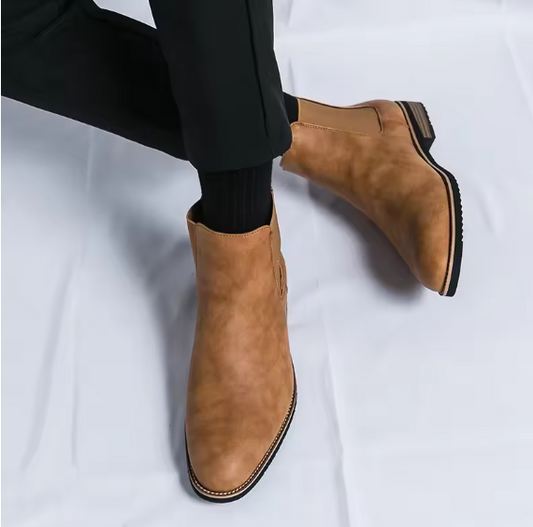 Men’s Chelsea Boots – Retro High-Top Slip-On PU Leather Ankle Shoes | Pointed Toe Casual Dress Boots BRANDED