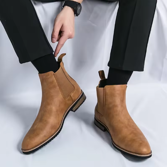 Men’s Chelsea Boots – Retro High-Top Slip-On PU Leather Ankle Shoes | Pointed Toe Casual Dress Boots BRANDED
