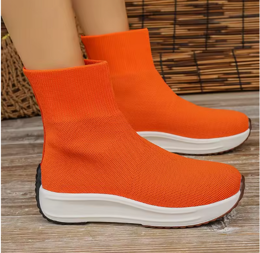 Women’s Sporty Knit Sock Chelsea Boots – Mesh Slip-On Flat Platform Walking Shoes (Sizes 35–43) BRANDED