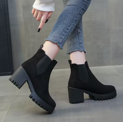 Women’s Suede Chunky Heeled Chelsea Boots – Plus Size Slip-On Ankle Boots | Autumn Winter Fashion | Round Toe Platform Booties Big Stone