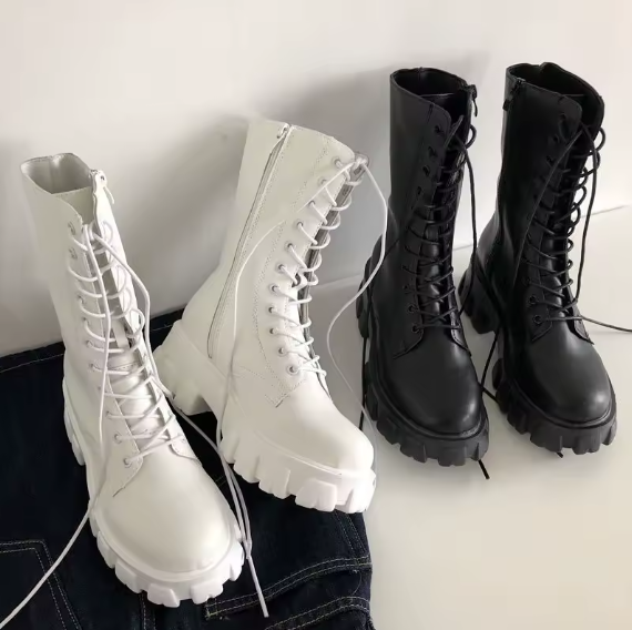 Women’s Mid-Calf Lace-Up Chelsea Boots – Autumn/Winter Fashion PU Leather Zipper Boots with Low Square Heel & Sporty Platform Comfort BRANDED