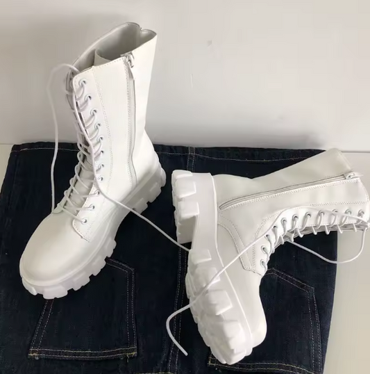 Women’s Mid-Calf Lace-Up Chelsea Boots – Autumn/Winter Fashion PU Leather Zipper Boots with Low Square Heel & Sporty Platform Comfort BRANDED