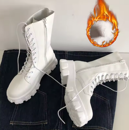 Women’s Mid-Calf Lace-Up Chelsea Boots – Autumn/Winter Fashion PU Leather Zipper Boots with Low Square Heel & Sporty Platform Comfort BRANDED