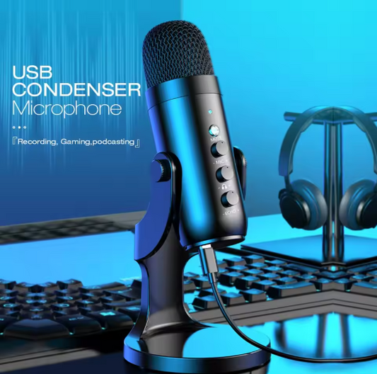 USB Condenser Microphone – Cardioid Tabletop Mic with Headphone Output & Phone Adapter for PC, Mac, Gaming, Streaming & Podcast Recording BRANDED