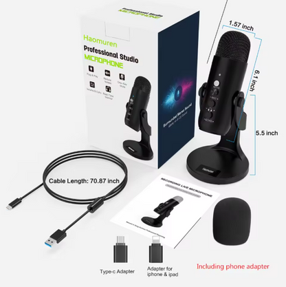 USB Condenser Microphone – Cardioid Tabletop Mic with Headphone Output & Phone Adapter for PC, Mac, Gaming, Streaming & Podcast Recording BRANDED