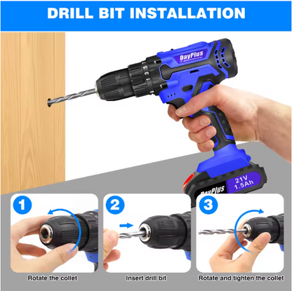 21V Cordless Drill Kit – 45Nm Electric Screwdriver & Impact Drill with LED Work Light for Home & Garden DIY Projects BRANDED
