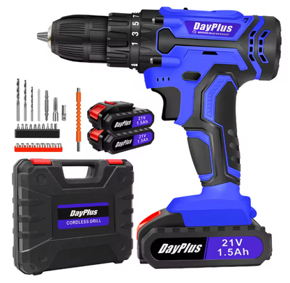 21V Cordless Drill Kit – 45Nm Electric Screwdriver & Impact Drill with LED Work Light for Home & Garden DIY Projects BRANDED