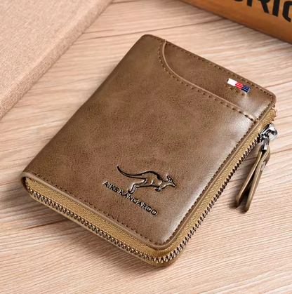 Luxury Men’s Leather Wallet – RFID Blocking Business Card Holder with Zipper Coin Pocket & Multi-Card Organizer Kangaroo