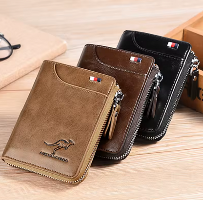 Luxury Men’s Leather Wallet – RFID Blocking Business Card Holder with Zipper Coin Pocket & Multi-Card Organizer Kangaroo